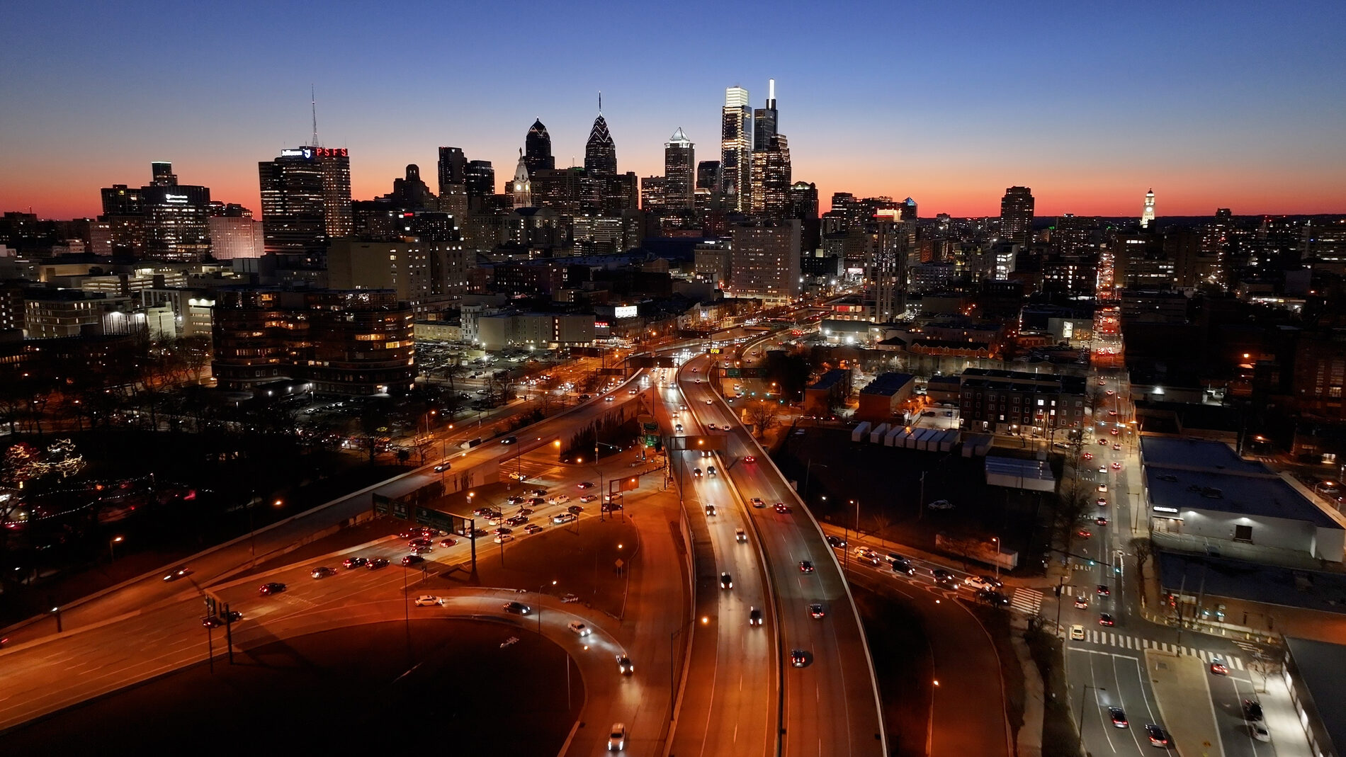 Financial-district towers at night