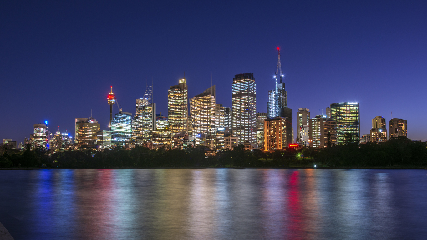 A city skyline at night
